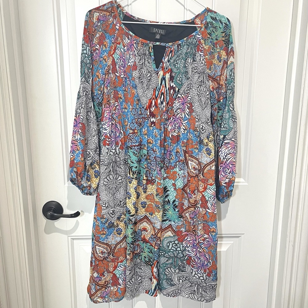 Babydoll Floral Pleated Bell Sleeve Boho Flowy Mini Dress Womens Sz 6‎ Patchwork